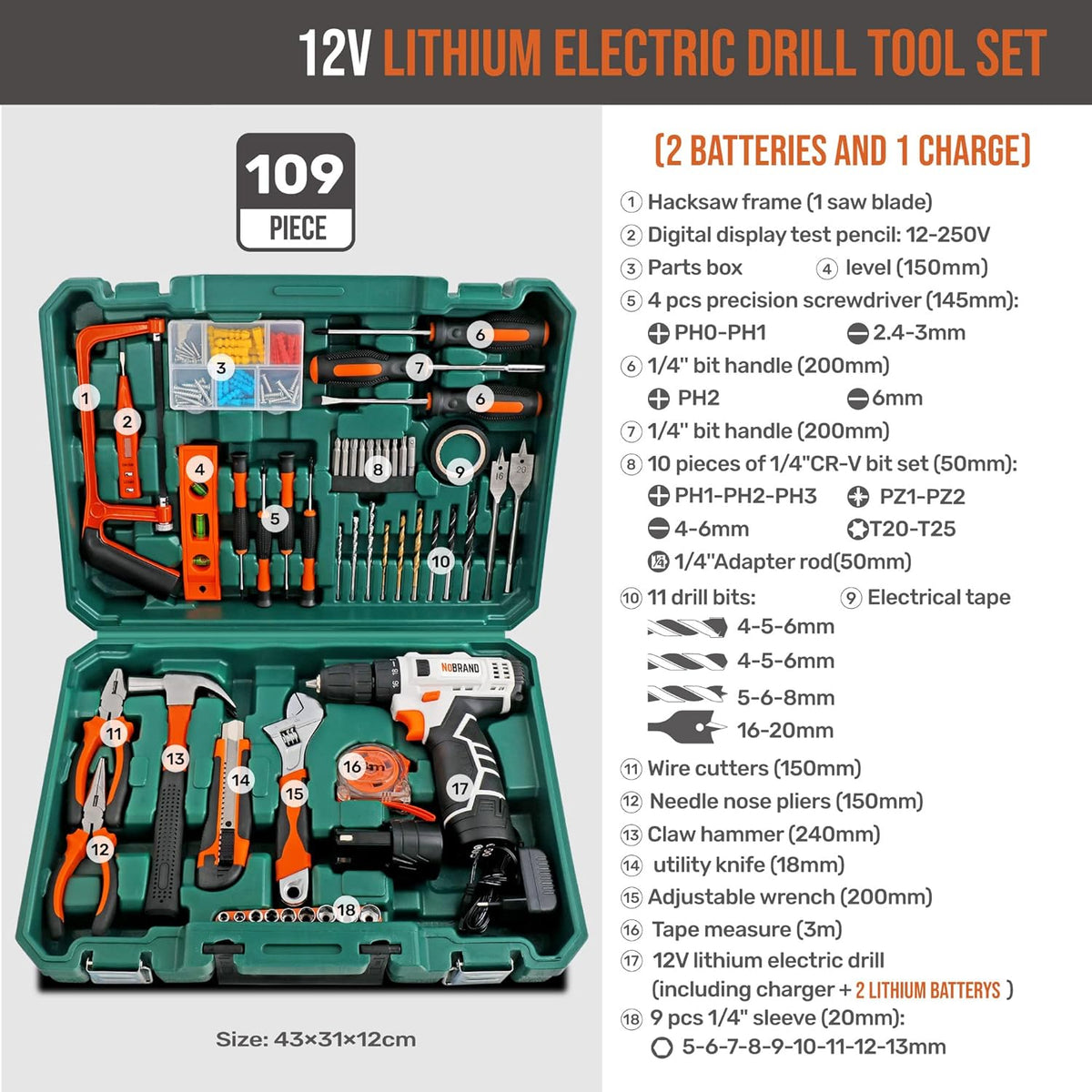 Hi-Spec 109-delige gereedschapsset met 12V accuschroevendraaier, 2 accu's, boren en handgereedschap in een compacte koffer