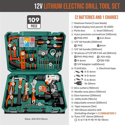 Hi-Spec 109-delige gereedschapsset met 12V accuschroevendraaier, 2 accu's, boren en handgereedschap in een compacte koffer