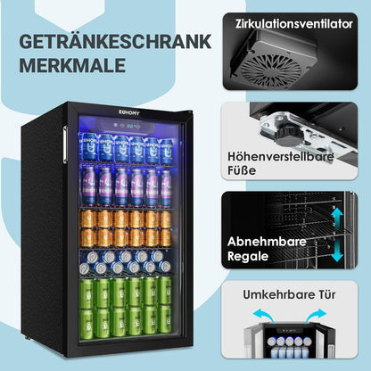 EUHOMY Drankkoelkast, mini-koelkast voor 126 blikjes met glazen deur, kleine koelkast met verstelbare planken voor limonade, bier of wijn, voor thuis/bar/kantoor, zwart roestvrij staal
