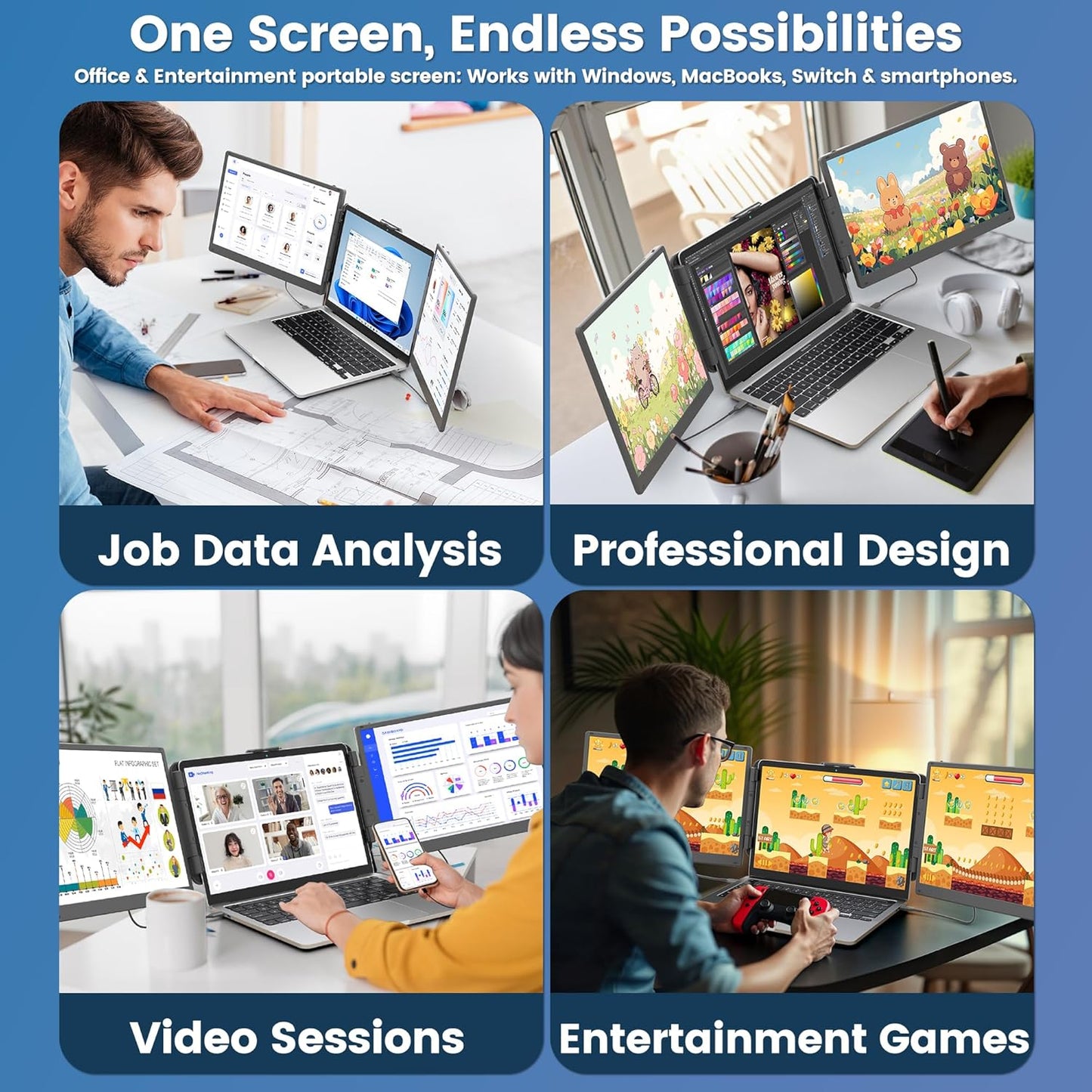 KEFEYA 2K Triple Laptop Schermuitbreiding, 14 inch laptopmonitor, uitbreiding met 1500:1 contrast, plug & play beeldschermmonitor voor laptops van 13-16,5 inch, voor Mac, Wins, Android, Dex