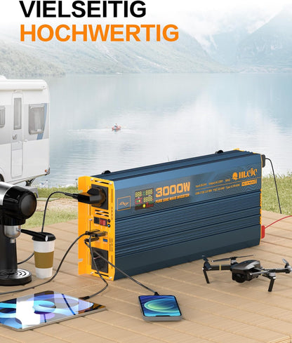 Spanningsomvormer, 3000 W24 V, zuivere sinusomvormer, 24 V naar 230 V, met 2 EU-stopcontacten, 1 x USB-C, 3 x USB-A, snelladen, lcd-display voor camper, vrachtwagen, auto