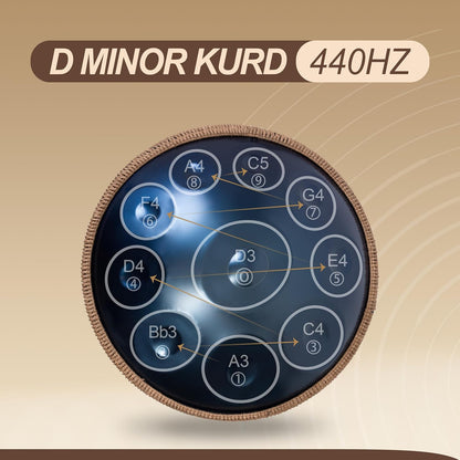 Handpan Drum - 22-Inch 10-Note D Kurd 440Hz - Hand Tuning Handpan - Inclusief Soft Bag, Mallets, Standaard, Note Stickers, Reinigingsdoek - Artist Performance Video