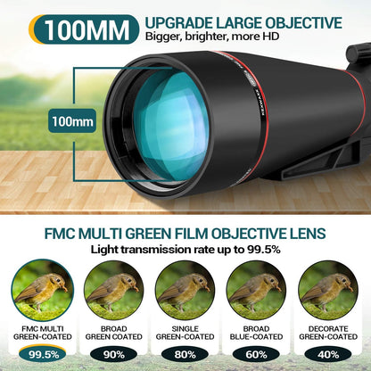 Spektive 25-75X 100MM voor sportschutters, jacht, vogelobservatie, IPX7 waterdicht, FMC BAK4 Prisma met statief, mobiele telefoonadapter, zwart