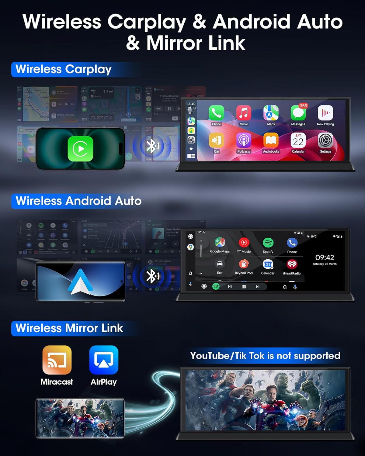 11,26 inch Carplay Display Wireless CarPlay & Android Auto Display Buddy Display met 1080p achteruitrijcamera, Car Play scherm met Bluetooth/GPS-navigatie/spraakherkenning/OEM Style houder