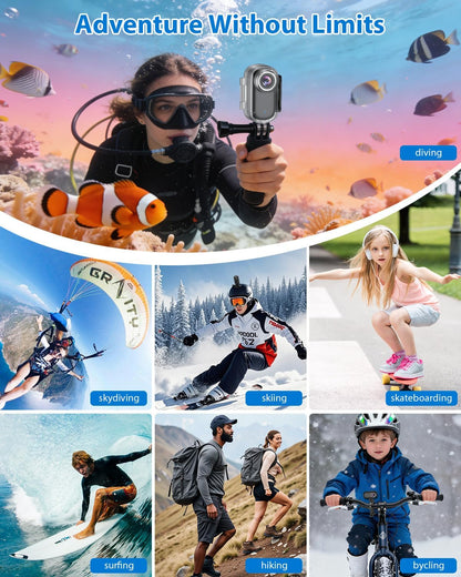 Mini Action Cam 4K WiFi, 32 GB bodycam lichaamscamera met scherm, 150° onderwatercamera, 30 m, kleine sportcamera, motorfiets, helmcamera, actiecamera, vlog, videocamera, multifunctionele accessoires