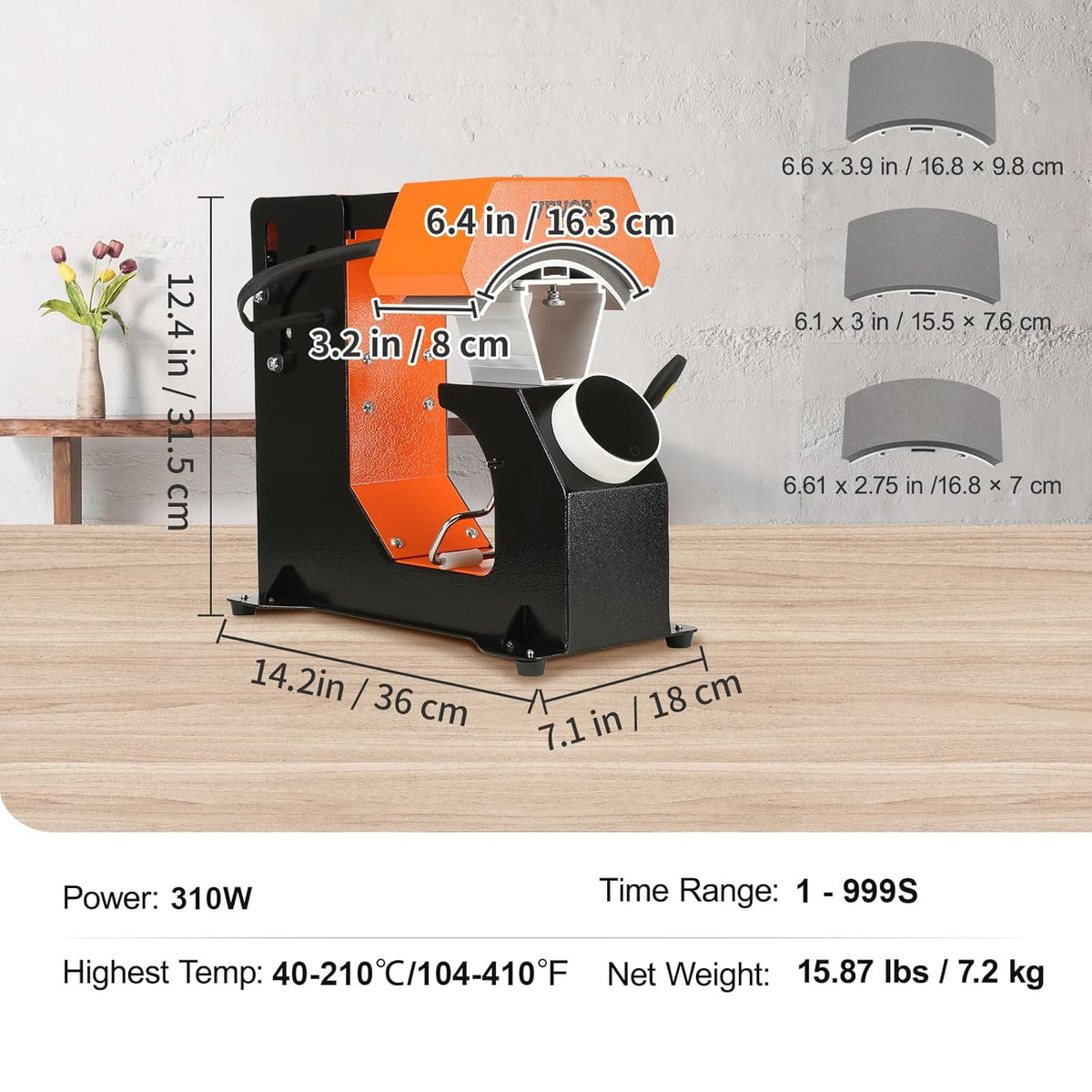 VEVOR 3-in-1 petpers, warmtepers, 16,3 x 8 cm, transferpers met 3 padmaten 16,8 x 7 cm, 16,8 x 9,8 cm, 15,5 x 7,6 cm, tijd- en temperatuurregelaar