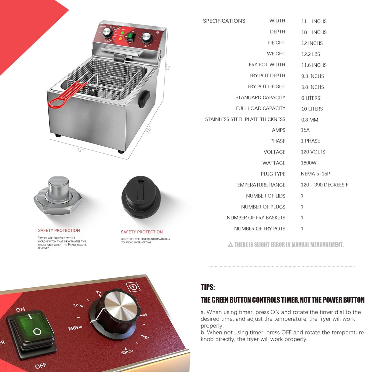EGGKITPO Elektrische friteuse enkele tank friteuse met mandcapaciteit 10 l (10,5 QT) elektrische friteuses met 60 minuten timer voor thuis, keuken en restaurant, 1800 watt, 120 V