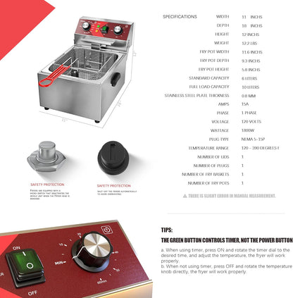 EGGKITPO Elektrische friteuse enkele tank friteuse met mandcapaciteit 10 l (10,5 QT) elektrische friteuses met 60 minuten timer voor thuis, keuken en restaurant, 1800 watt, 120 V