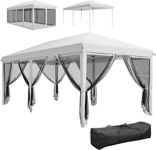 Tuinpaviljoen – Paviljoen – Partytent – Gazebo – Overkapping – Inklapbaar Pop-up Systeem – 5,85 x 2,95 x 2,70 m – Afneembare Muggennetten Wit - QUORE