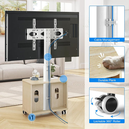 5Rcom Witte TV-standaard op wielen voor 32-65 inch LED LCD OLED plasma platte gebogen tv's, in hoogte verstelbare tv-kast met beugel tot 40 kg, mobiele tv-standaard met houten planken Max VESA