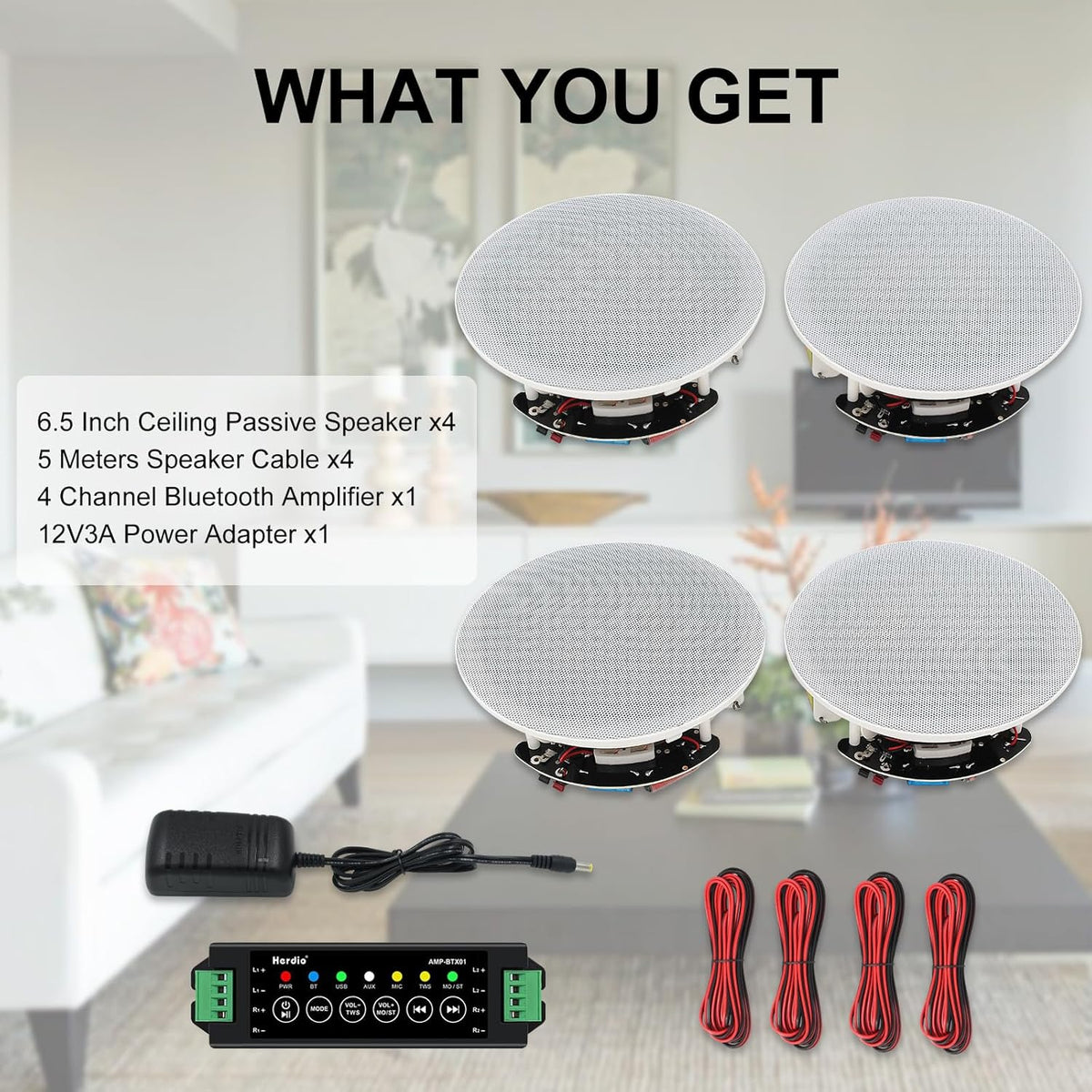 Plafondluidsprekers Set van 4 – Inbouw Speakers – Inbouw Luidsprekers – Plafond Speakers – Muur Speakers – Bluetooth 5.0 Met TWS-Koppeling – 6,5 Inch Woofer, 150 Watt Per Speaker