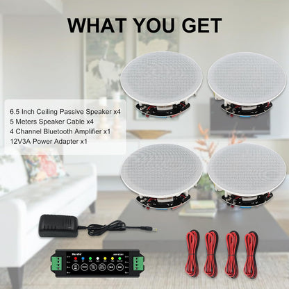 Plafondluidsprekers Set van 4 – Inbouw Speakers – Inbouw Luidsprekers – Plafond Speakers – Muur Speakers – Bluetooth 5.0 Met TWS-Koppeling – 6,5 Inch Woofer, 150 Watt Per Speaker