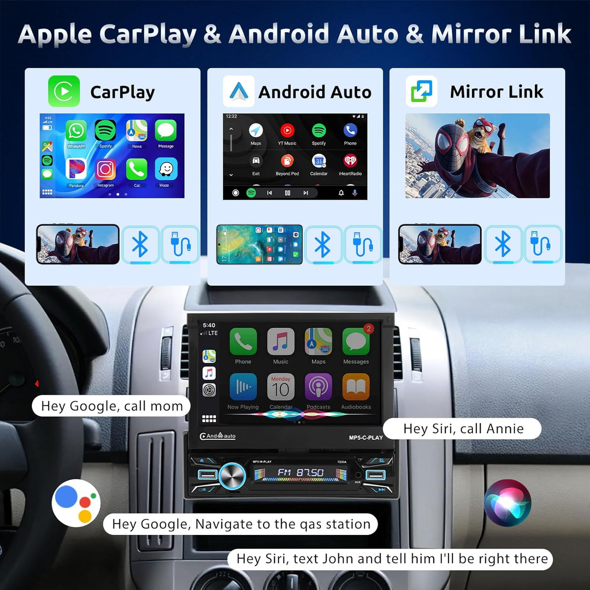 【2+64G】Podofo Android-autoradio 1Din met 7'' touchscreen Automatisch scherm Draadloos Carplay/Android Auto Bluetooth 5.1 FM/RDS 2USB/MIC/Type c/AUX/Stuurbediening met AHD achteruitrijcamera