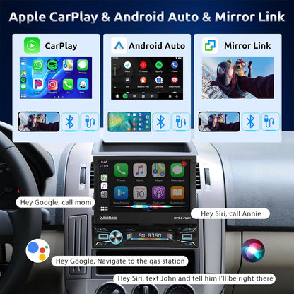 【2+64G】Podofo Android-autoradio 1Din met 7'' touchscreen Automatisch scherm Draadloos Carplay/Android Auto Bluetooth 5.1 FM/RDS 2USB/MIC/Type c/AUX/Stuurbediening met AHD achteruitrijcamera