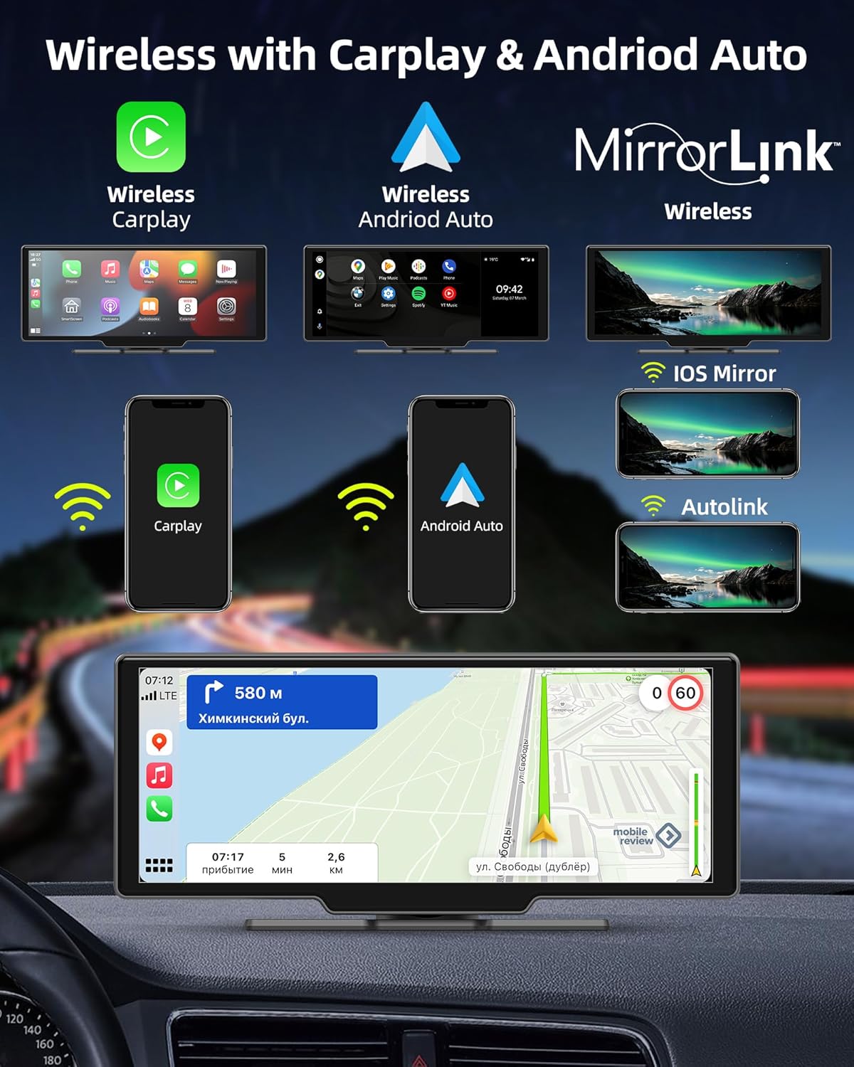 Draadloos Apple Carplay Display – Android Auto Scherm – Auto Infotainmentsysteem – Touchscreen Navigatie – Dashcam Voor en Achter – 10,26 Inch HD IPS – 2,5K Frontcamera & 1080p Achteruitrijcamera – Bluetooth 5.0 & 64GB TF-kaart