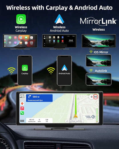 Draadloos Apple Carplay Display – Android Auto Scherm – Auto Infotainmentsysteem – Touchscreen Navigatie – Dashcam Voor en Achter – 10,26 Inch HD IPS – 2,5K Frontcamera & 1080p Achteruitrijcamera – Bluetooth 5.0 & 64GB TF-kaart