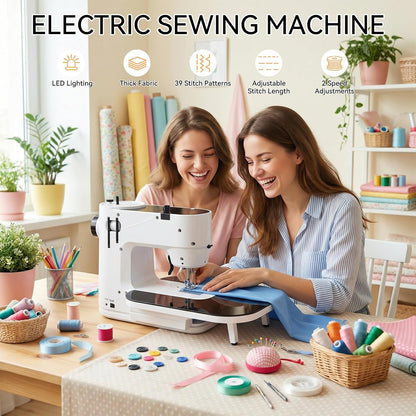 Qoosea Naaimachine voor beginners met aanschuiftafel, 39 steken, kleine naaimachine voor kinderen, draagbare mini-naaimachine met ledlicht, draagbare elektrische naaimachine, huishouden, voor