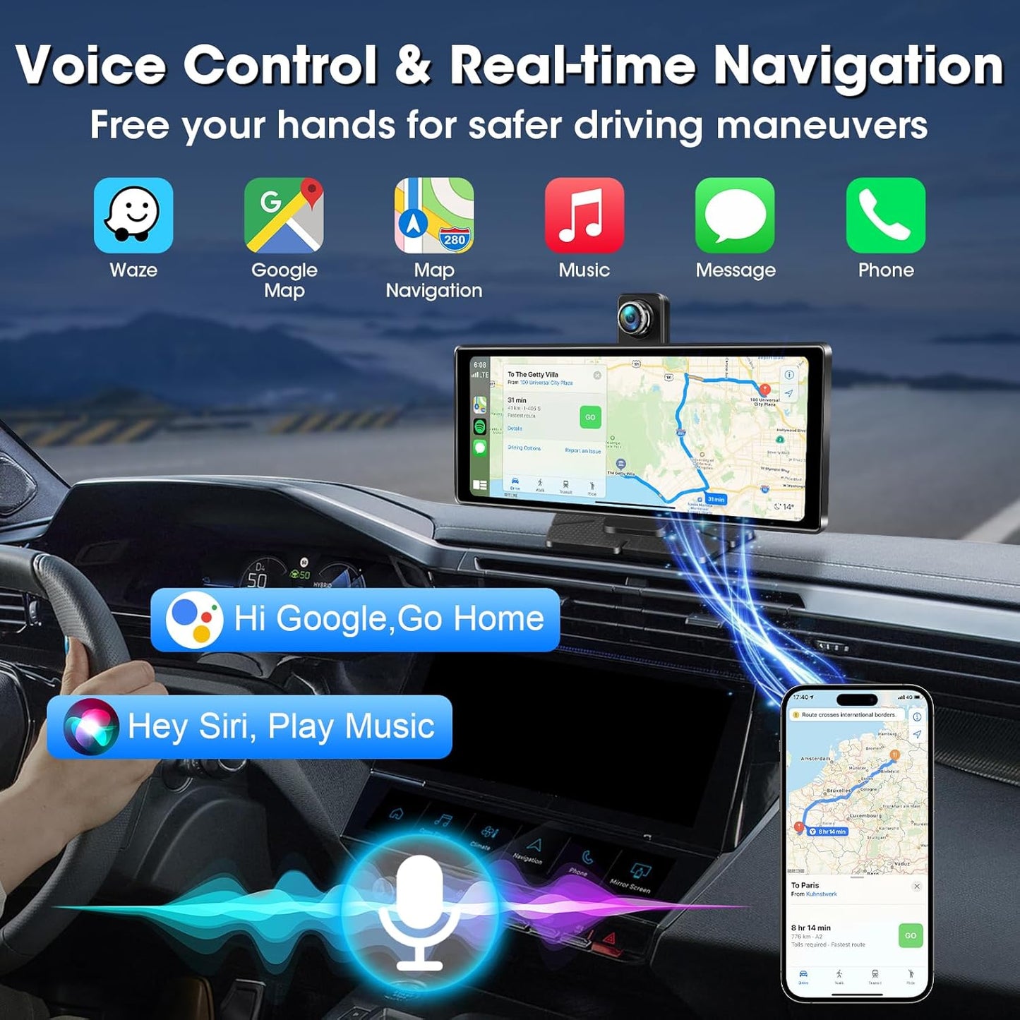 Carplay Display met 4K Dashcam 10,26 Inch Draadloos Carplay Android Auto Display met HD IPS Touchscreen Driveplay met Mirror Link Dual-Bluetooth Carplay met 1080P Achteruitrijcamera 64GB-Kaart