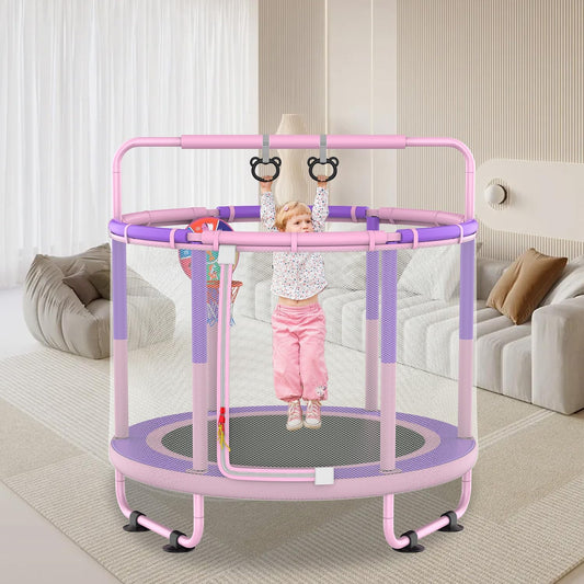 CZCPAPY Kindertrampoline, outdoor trampoline voor kinderen, binnen en buiten, met veiligheidsnet, mand, palen, schommels, cadeau voor kinderen, roze en paars