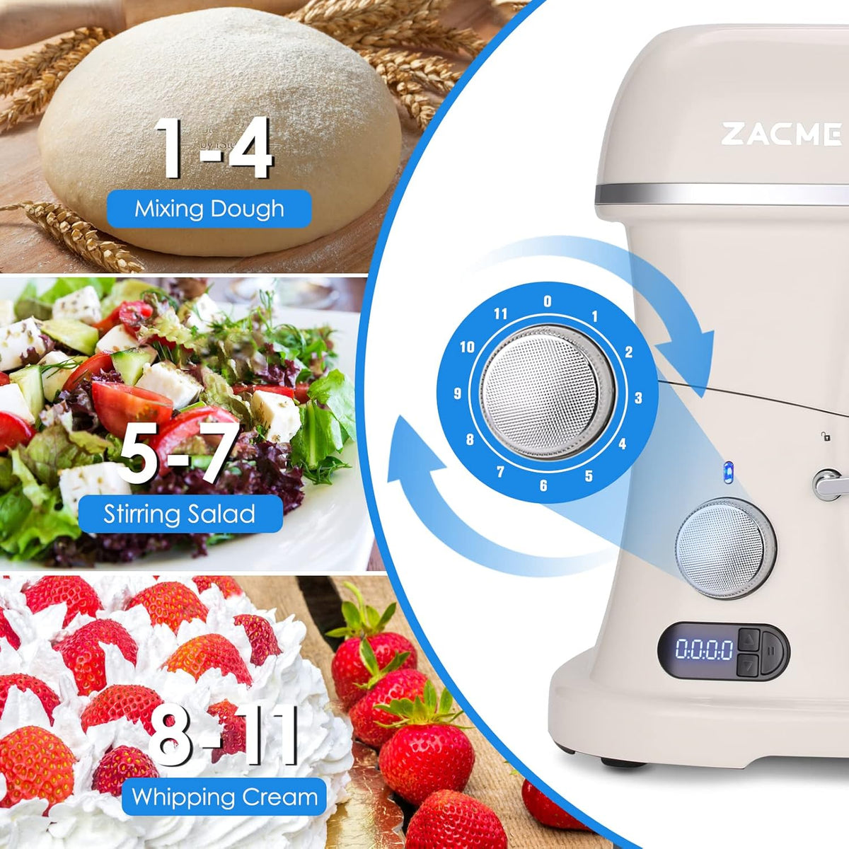 ZACME KMA0270 Keukenmachine, kneedmachine, 8L voedselmixer met display, 1500 W elektrische keukenmixer met tandhaak, draadwiel en beater, 11-speed Staande mixer,Commercieel gebruik