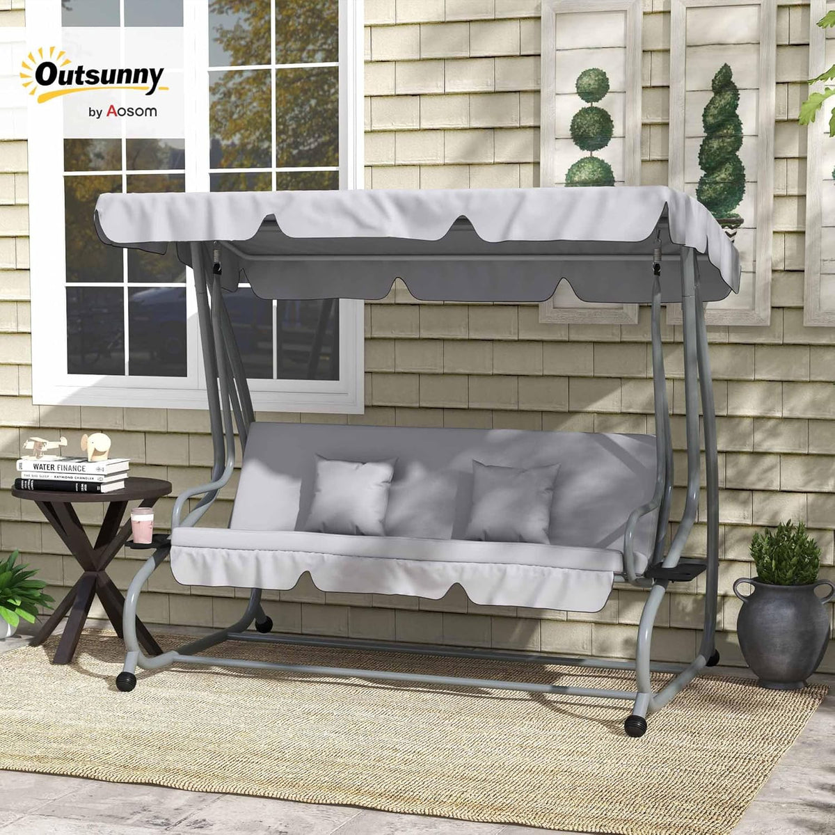 Outsunny Swing Bench, 3-Seater Garden Swing with Adjustable Roof, Cushion, Swing with Reclining Function, Folding Side Table, up to 340 kg, for Garden, Balcony, Light Grey - QUORE