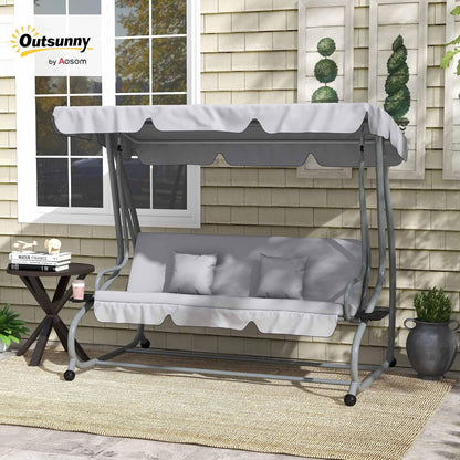 Outsunny Swing Bench, 3-Seater Garden Swing with Adjustable Roof, Cushion, Swing with Reclining Function, Folding Side Table, up to 340 kg, for Garden, Balcony, Light Grey - QUORE