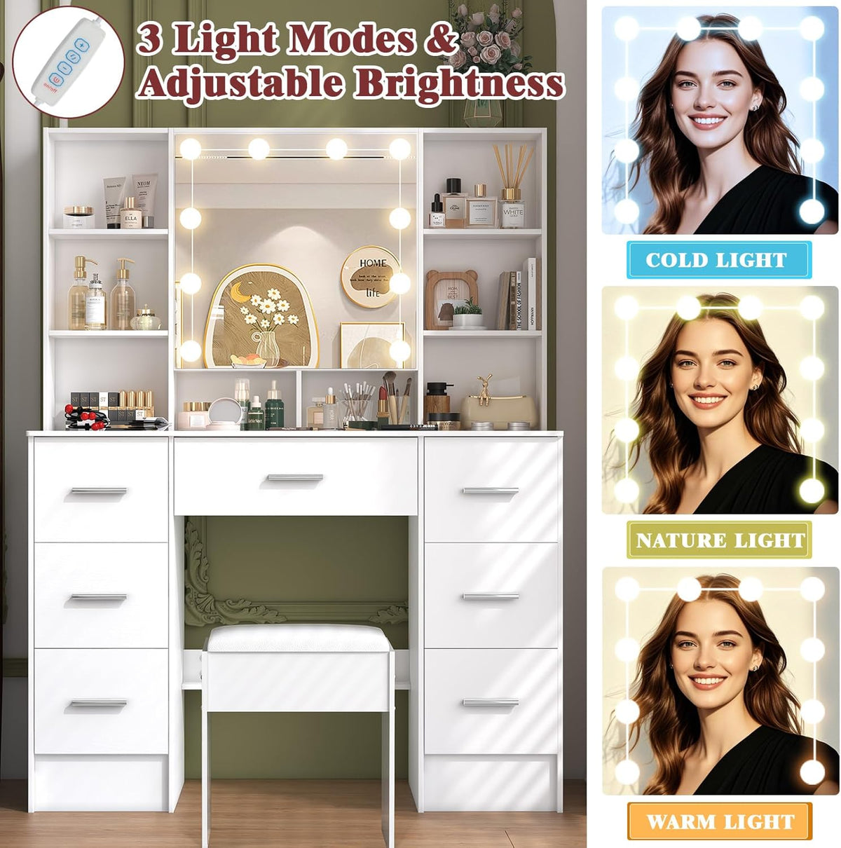 Large Dressing Table with Lights and Stool, 3 Colour Temperatures and Adjustable Brightness, Dressing Table with Mirror for Makeup, Makeup Table with 7 Drawers, Modern, White - QUORE
