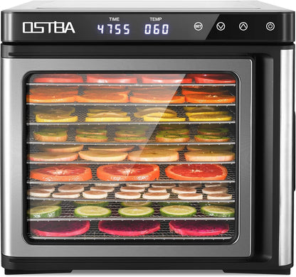 OSTBA Roestvrijstalen droogautomaat, 1000 W voedseldroger met temperatuurregeling (35-75 °C) en 48-uurs timer, 9 roestvrijstalen schalen voor het drogen van vlees, groenten en fruit, inclusief