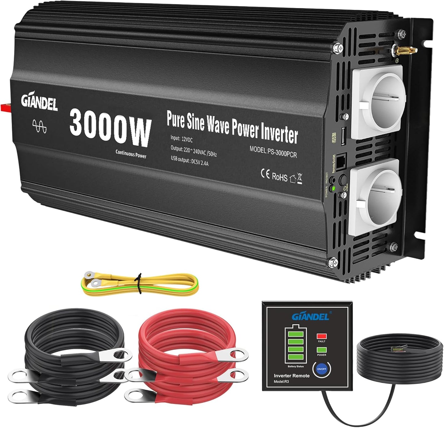 GIANDEL 3000 W omvormer, 12 V naar 230 V, zuivere sinus, spanningsomvormer, compatibel met LifePO4 Power Inverter met afstandsbediening en USB-aansluitingen, voor camper, vrachtwagen, caravan, camping