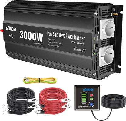 GIANDEL 3000 W omvormer, 12 V naar 230 V, zuivere sinus, spanningsomvormer, compatibel met LifePO4 Power Inverter met afstandsbediening en USB-aansluitingen, voor camper, vrachtwagen, caravan, camping