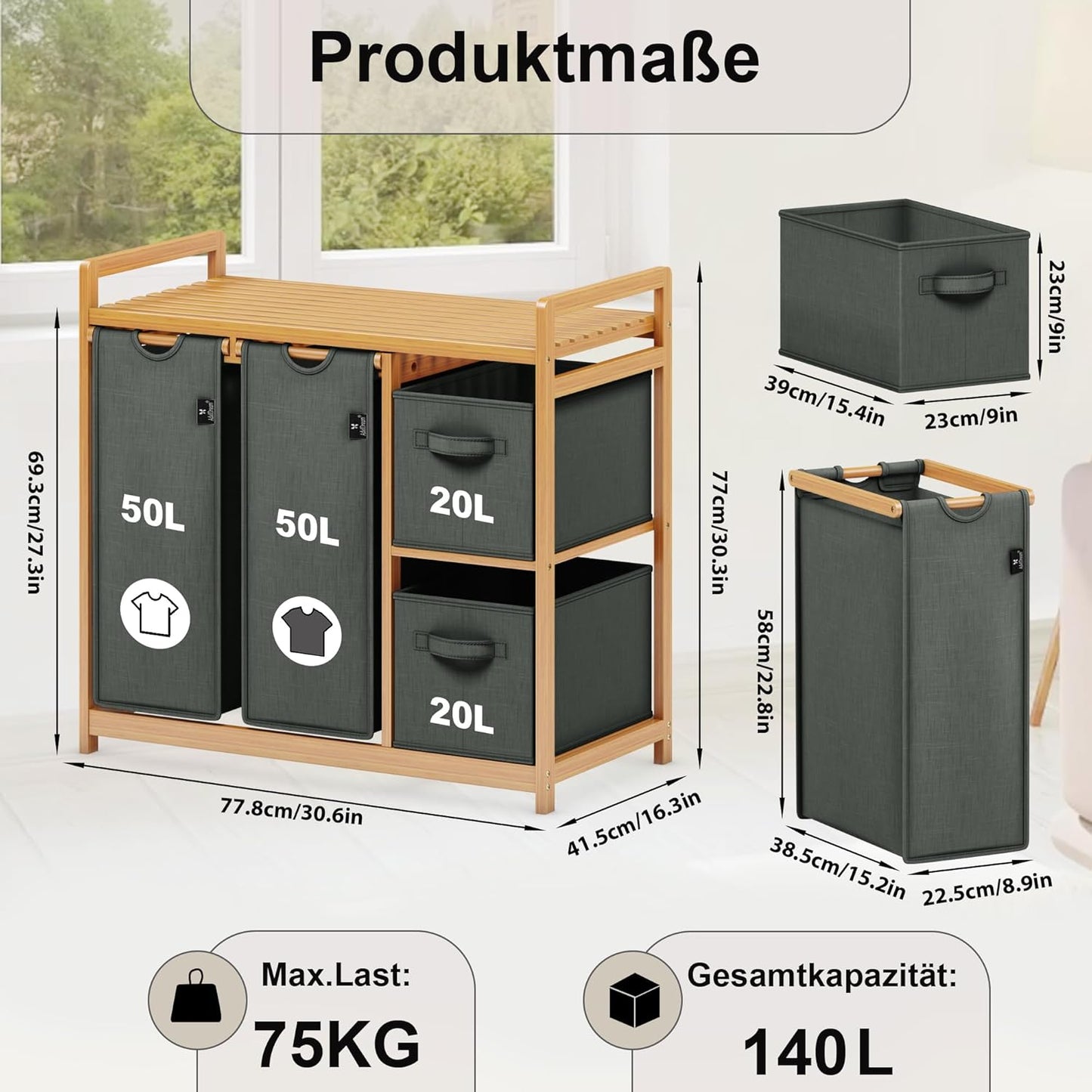 ADEL DREAM Wasmand, 4 vakken, wasverzamelaar, 140 liter, wasboxen met mand, wassorteerder met 2 waszakken en 2 stoffen boxen met plank, waszak, bamboe, wasrek, wasbox, laundry basket, donkergrijs
