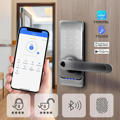 EURA ELH-01H4 Smart deurslot met handgreep, codeslot, 13,56 MHz nabijheidslezer, biometrische lezer, app TTLock/TTHotel, IP65, universele grendel, wit