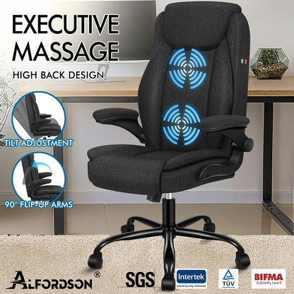 ALFORDSON Massage Bureaustoel, Ergonomische Computerstoel met Armleuning, Stoffen Bureaustoel, Draagvermogen 150 kg, Rugleuning 90-135°, In Hoogte Verstelbaar, Zwart