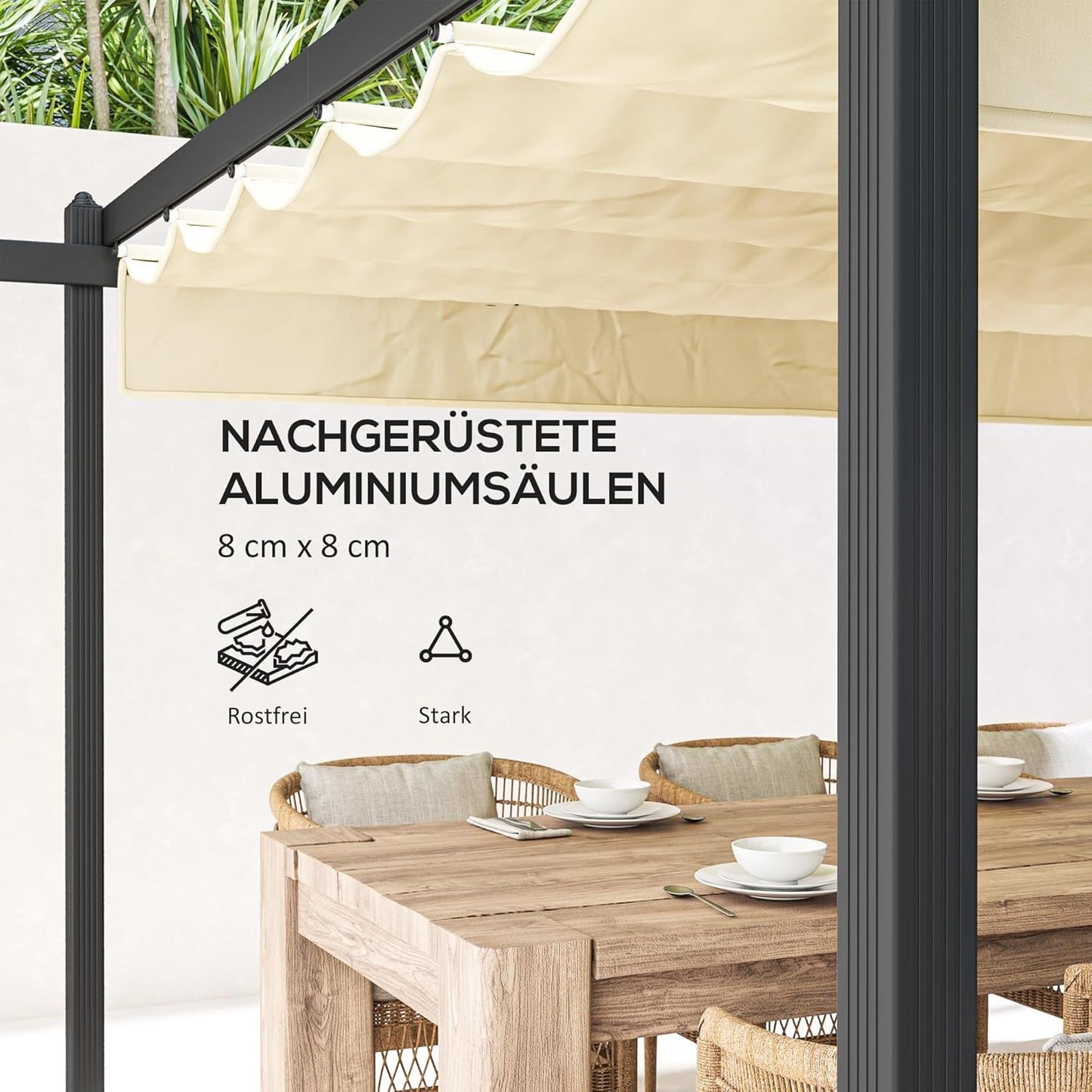 Aluminium Pergola – Tuinpaviljoen – Terrasoverkapping – Schaduwdoek – Buitenluifel – Inschuifbaar Dak – 390x390x223 cm – Roestvrijstalen 80mm Kolommen