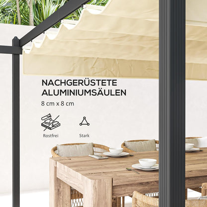 Aluminium Pergola – Tuinpaviljoen – Terrasoverkapping – Schaduwdoek – Buitenluifel – Inschuifbaar Dak – 390x390x223 cm – Roestvrijstalen 80mm Kolommen