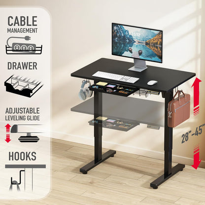 SHW 40" Electric Height Adjustable Standing Desk with Drawer, Preset Memory Tray and Cable Management Tray, Black - QUORE