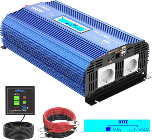 1500 W 12 V naar 230 V zuivere sinusomvormer met 2 AC-stopcontacten, 2 x 2,4 A, USB-poorten, afstandsbediening en lcd-display voor camper GIANDEL