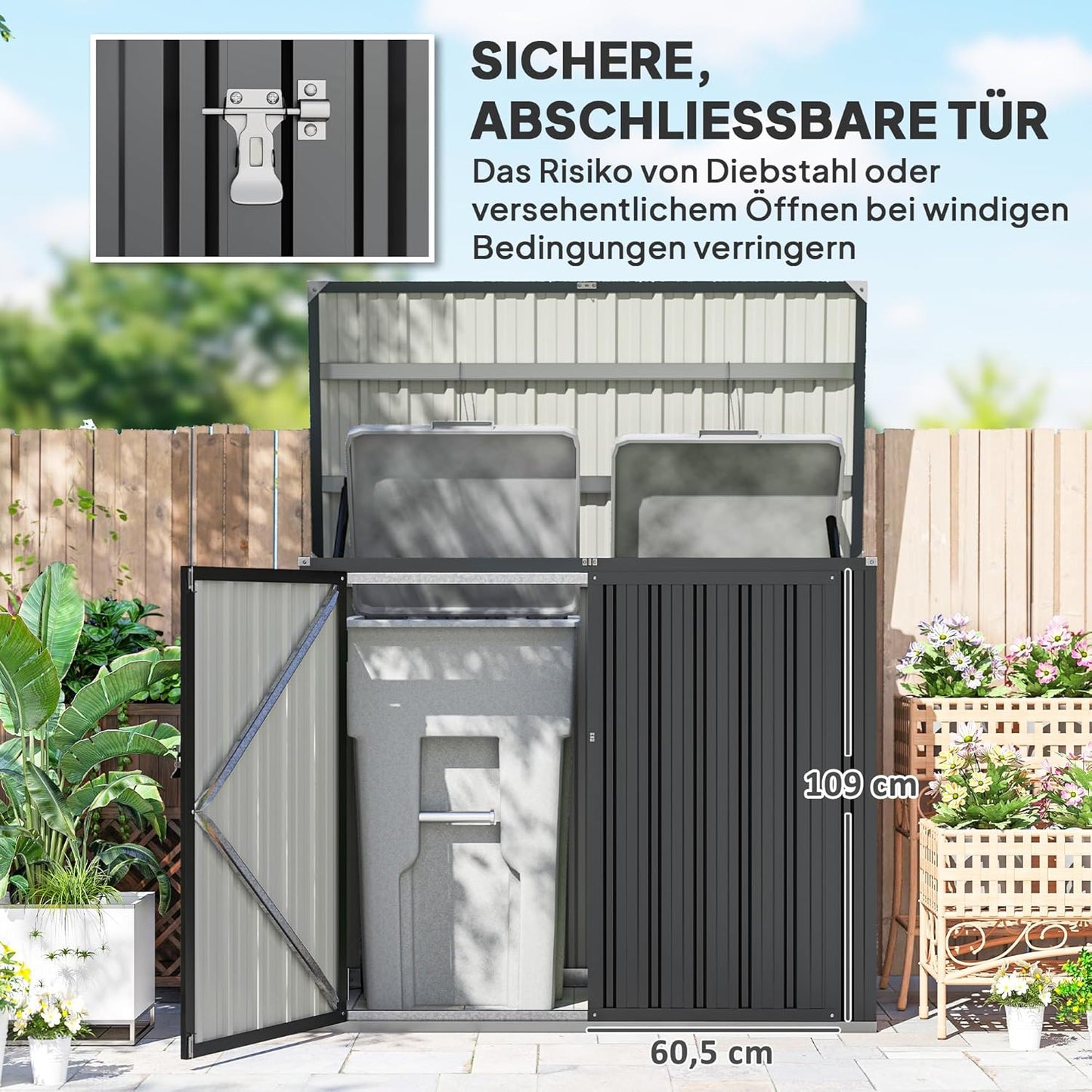 Outsunny afvalcontainerbox voor 2 containers met slot en openklapbaar deksel - Weerbestendig - Donkergrijs - Verzinkt staal - QUORE