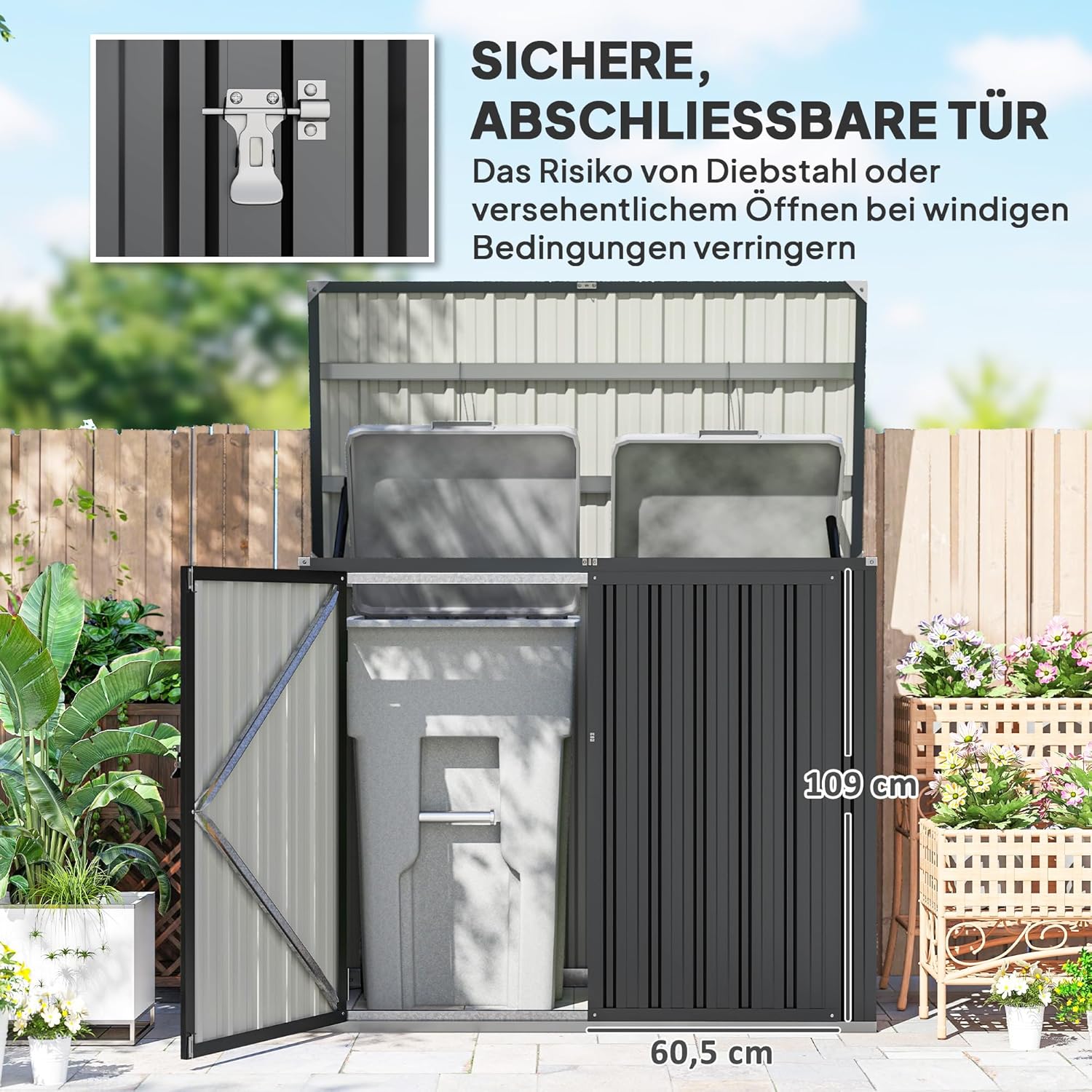 Outsunny afvalcontainerbox voor 2 containers met slot en openklapbaar deksel - Weerbestendig - Donkergrijs - Verzinkt staal - QUORE