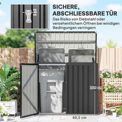 Outsunny afvalcontainerbox voor 2 containers met slot en openklapbaar deksel - Weerbestendig - Donkergrijs - Verzinkt staal - QUORE