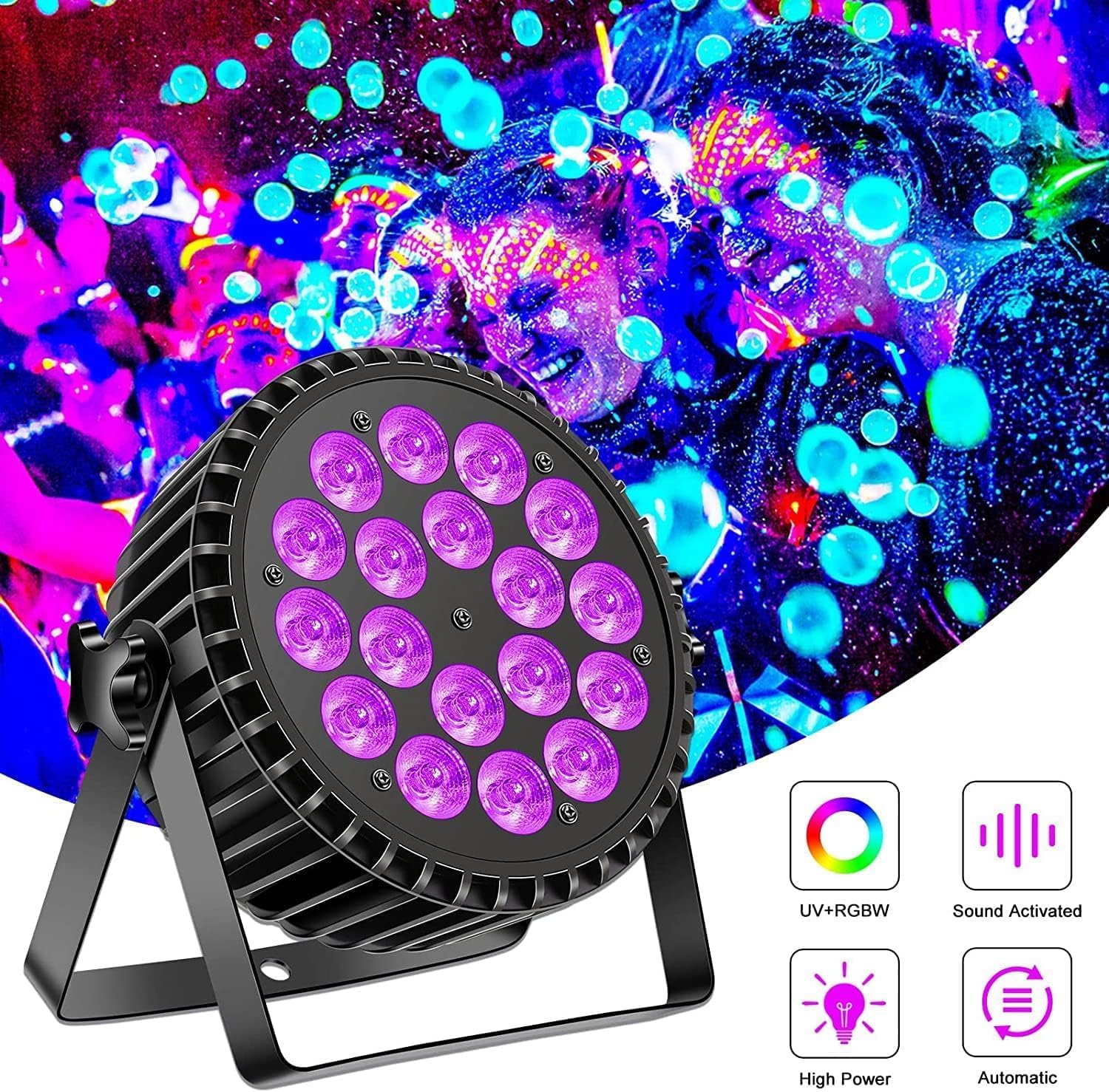 DMX512 Stage Lighting, 200 W, 18 LEDs, Energy Saving Lamp, UV+RGB, Disco Light, 8CH Party Light, Strobe/Sound, Active Mode, Lighting, DJ, Light Effect for Show, Bar, Party, Music Festival - QUORE