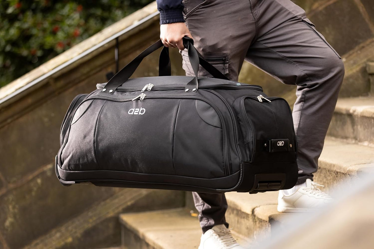A2B Quest Lichtgewicht tas op wielen - Travel Duffle Bag met duurzame stress geteste wielen | Verstelbare riem, mesh zakken AB006, Zwart/Blauwgroen, L
