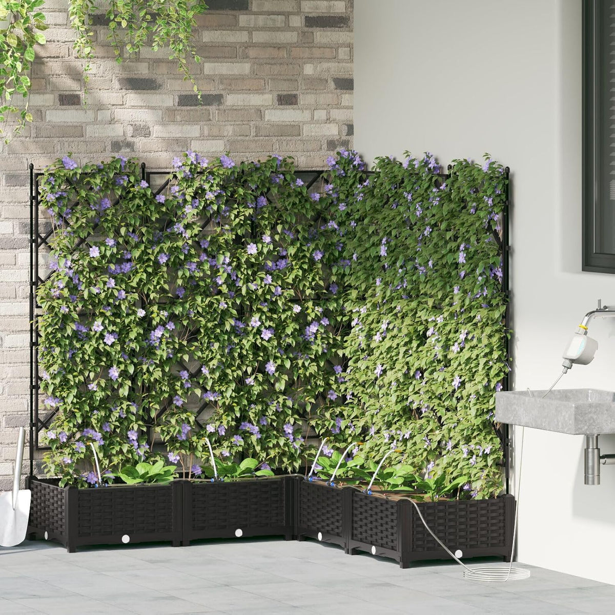 Rectangular Flower Box with Trellis and Irrigation System, Black for Garden, Balcony, Indoor and Outdoor Use, Material: Plastic, Waterproof, Modern Design - QUORE