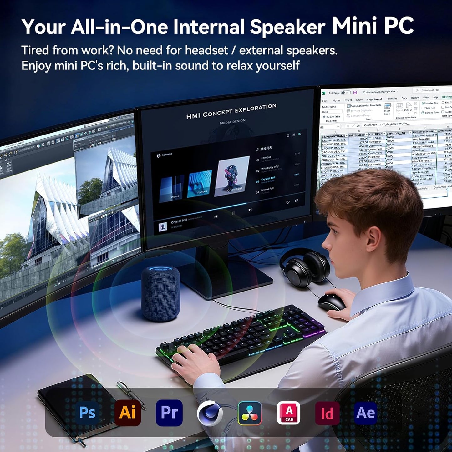 Mini PC, AMD Ryzen 7 8745HS Mini Computer, 32GB DDR5 1TB SSD Micro Desktop Computer 4K Drievoudig Scherm HDMI+DP+USB4/Interne luidsprekers/2,5G LAN/WiFi6 Voor Gaming/Kantoor/Thuis