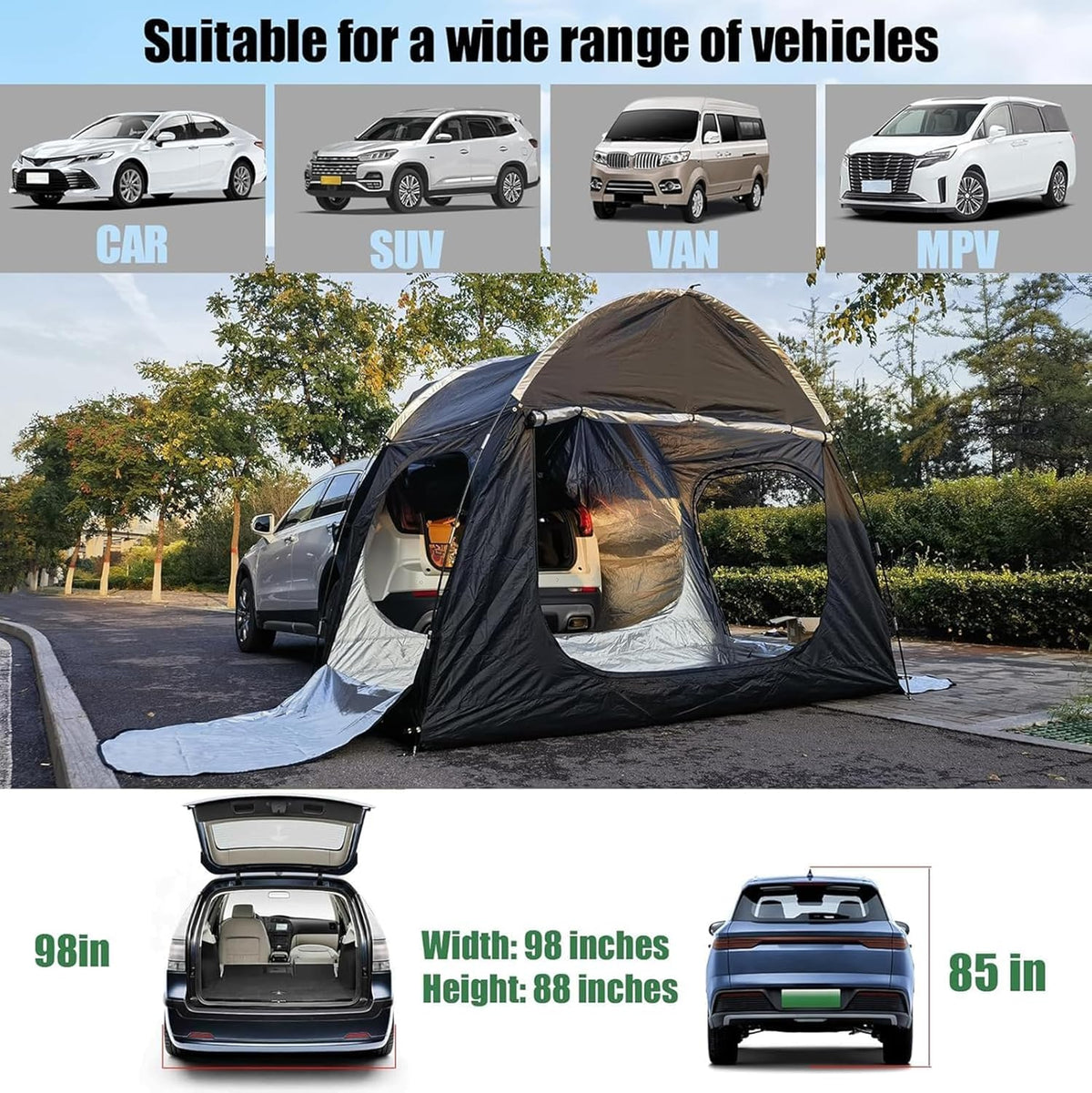 Auto achtertent voor 2-3 personen, met 3 grote kanalen, achtertent SUV zonwering, achtertent voor camping, waterdicht en duurzaam, voor zelfaandrijving/lange reizen