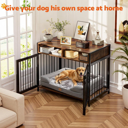 Gimars 94 x 58 x 63 cm Dog Furniture Box with Storage Drawers, Heavy Duty Dog House Indoor for Small, Medium and Large Dogs, Decorative Pet Crate for Indoor Use, Rustic Brown - QUORE