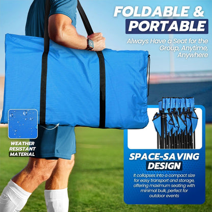 Flexzion Draagbare opvouwbare bank, 6-zits, opvouwbare voetbalbank, draagbare bankstoelen voor bleekmiddelen, camping, zijlijn, met rugleuning en draagtas, blauw