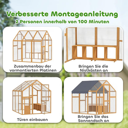 PawHut Chicken Coop 3.07㎡ 1.7 x 1.8 x 1.8m Outdoor Enclosure Wood with Waterproof Cover, Security Lock, Double Door, 2 Laying Nests, 2 Perches, Suitable for 6-8 Chickens, Ducks, Geese, Rabbits - QUORE