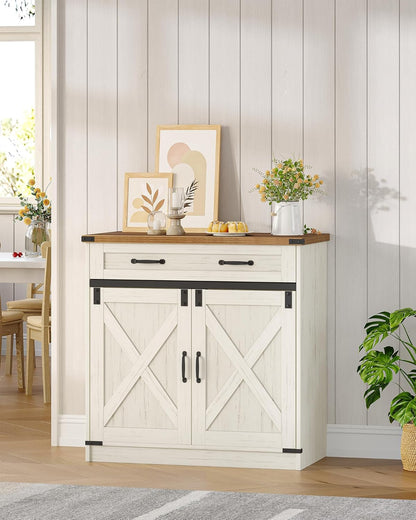 Hzuaneri Kitchen Cabinet, Sideboard with Drawer, Storage Cabinet with 2 Doors, Adjustable Shelves, Country House Style, Kitchen, Living Room, 40 x 80 x 80 cm, Vintage Brown-White SC84814X
