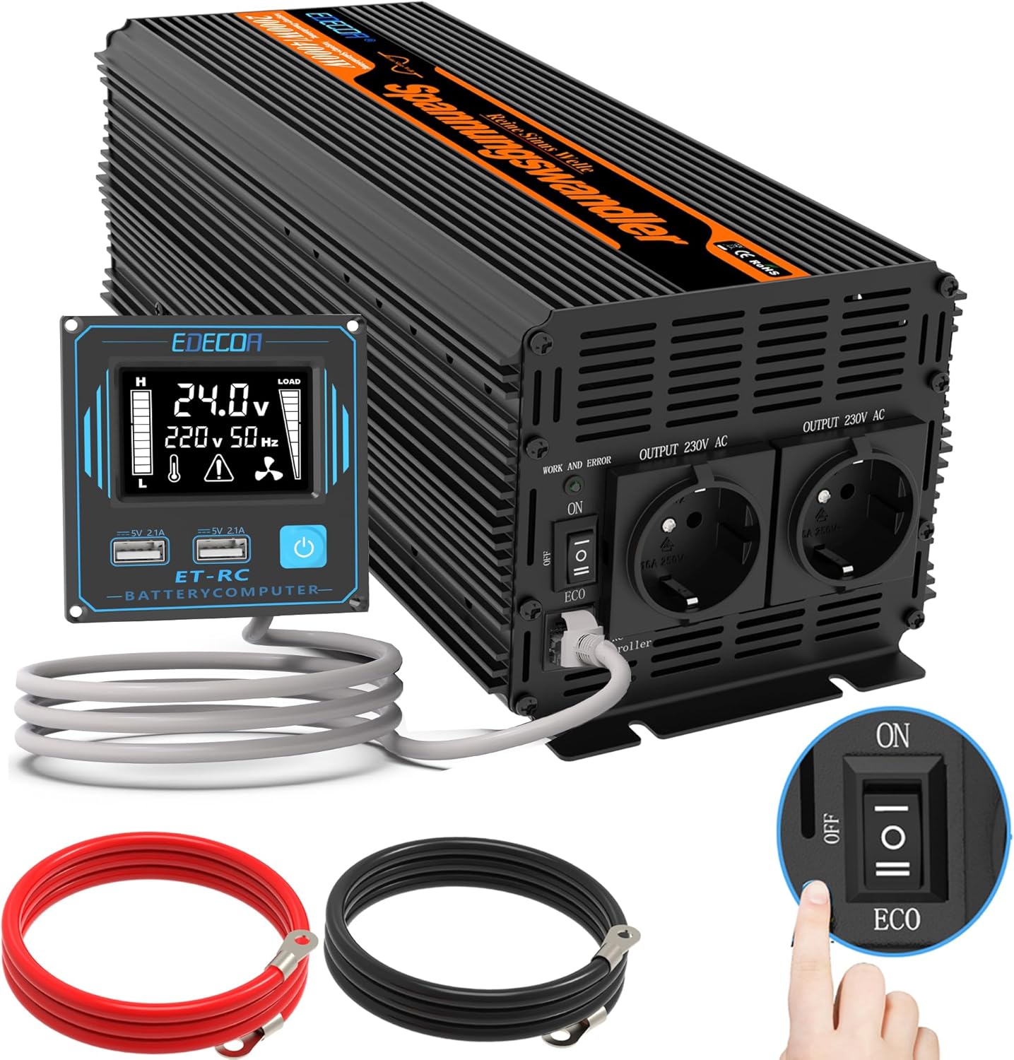 EDECOA 2000W Zuivere Sinus Omvormer 24V naar 230V met LCD-afstandsbediening en 2X USB, Spanningsomvormer 24 V, Inverter Pure Sine Wave